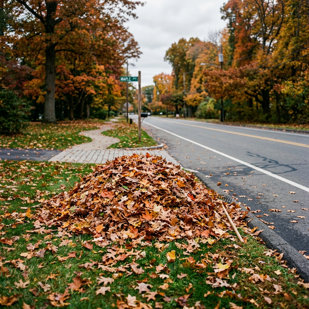Leaf pile on yard beside street